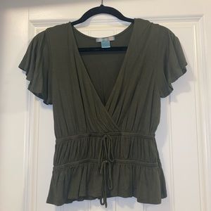 V-Neck Double Tied Tee Shirt Olive Green